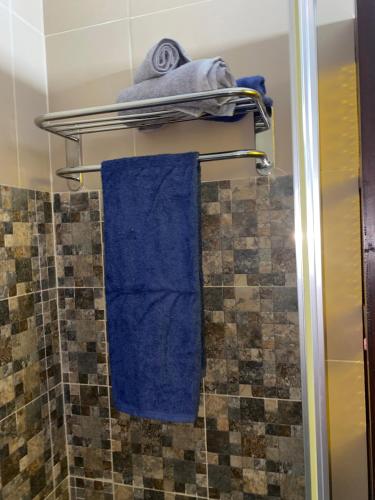 a bathroom with blue towels on a towel rack at Katila-Rooms in Santa Maria