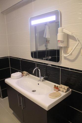 a bathroom with a sink and a mirror at Lena Central Flats in Bursa