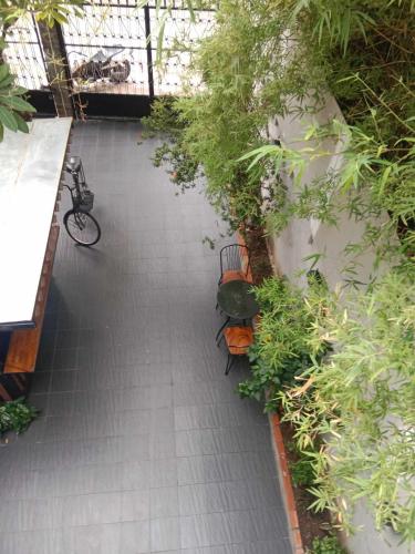 a patio with two benches and a bike in a garden at Villa Papillon in Phnom Penh