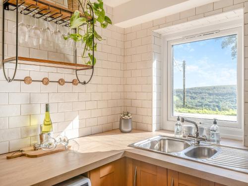 a kitchen with a sink and a window at Bwlch Farm Lodge in Briton Ferry