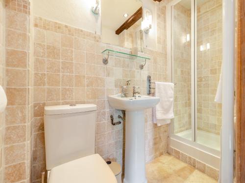 een badkamer met een toilet, een wastafel en een douche bij The Chapel - Uk45026 in Gilwern