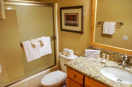 a bathroom with a toilet and a sink and a mirror at #278 Ski-in, Ski-out Corner unit with View in Mammoth Lakes