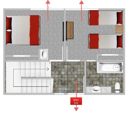 a floor plan of a kitchen with red accents at #469 - Pet-Friendly Mountain Condo, Pool & Spa in Mammoth Lakes