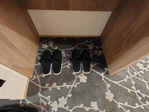 a pair of black shoes on the floor of a room at The Legato Inn MIFUNE in Mifune