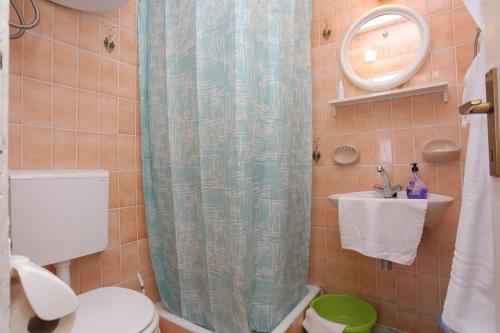 une salle de bain avec un rideau de douche et des toilettes dans l'établissement Studio Tucepi 5263b, à Tučepi