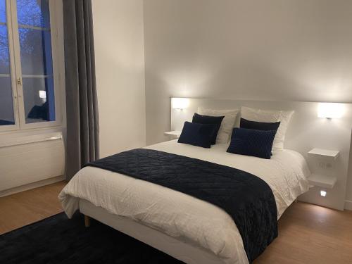 um quarto com uma cama grande e almofadas azuis em LES DOUVES, charmante dépendance du château em Crèvecoeur-en Brie