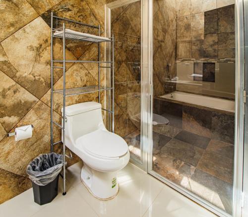 a bathroom with a toilet and a shower at Hotel Suites Paraíso in Mérida