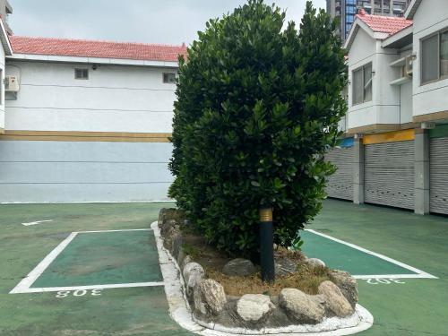 a small tree in a parking lot next to a garage at Yuan Chyau Motel in Taichung