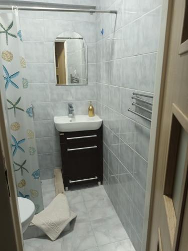 ein Bad mit einem Waschbecken und einem Spiegel in der Unterkunft Ośrodek Vantur in Księże Młyny