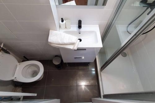 een kleine badkamer met een wastafel en een toilet bij L'Althéa I in Bron