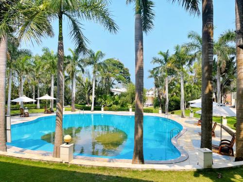 a swimming pool with palm trees in a resort at Khách Sạn Hoàng Mai Dung Quất in Bình Sơn