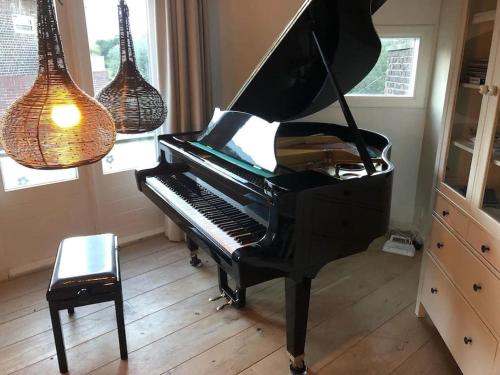 een zwarte piano in een woonkamer met verlichting bij Nice apartment next to the beach in Scheveningen