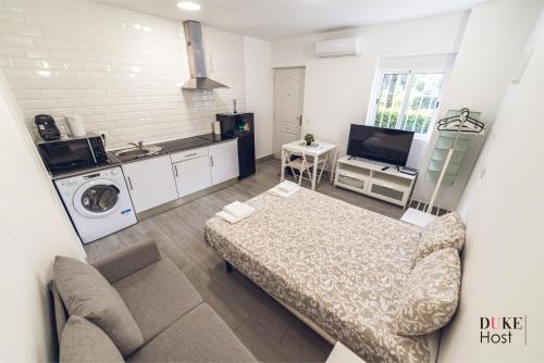 een kleine woonkamer met een bed en een keuken bij Aluche Apartments in Madrid