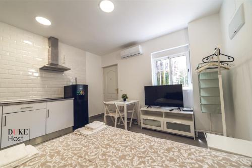 a kitchen with a refrigerator and a tv in it at Aluche Apartments in Madrid