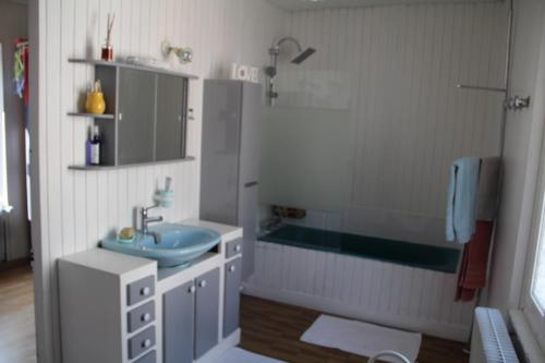 une salle de bain avec un lavabo bleu et une douche dans l'établissement chez mary et bruno, au Neubourg