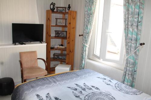 1 dormitorio con 1 cama, TV y ventana en chez mary et bruno, en Le Neubourg