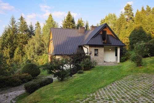 a small house with a black roof on a hill at Domek u Jędrusia in Nowy Targ