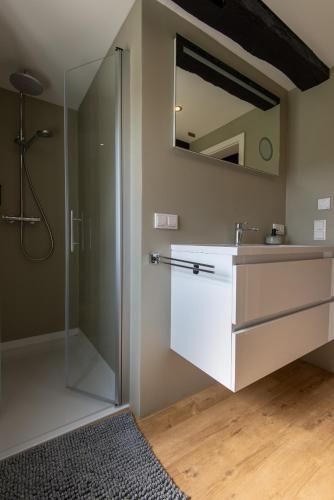 a bathroom with a shower and a sink and a mirror at Haus zur Mühle in Winterberg