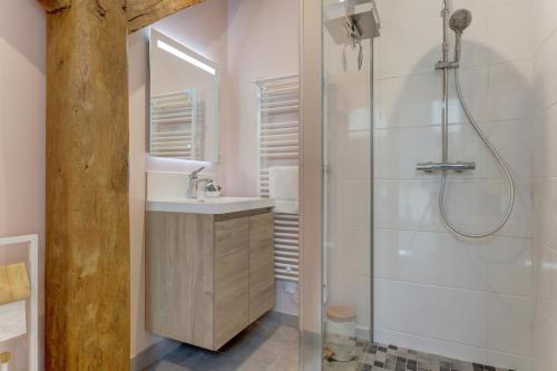 a bathroom with a shower and a sink at La Belle Cachette in Matougues