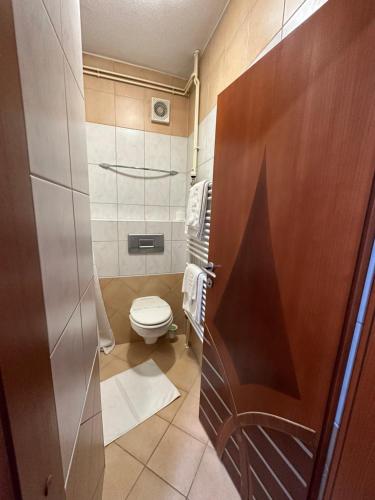 a small bathroom with a toilet and a wooden door at Park Hotel in Bihać