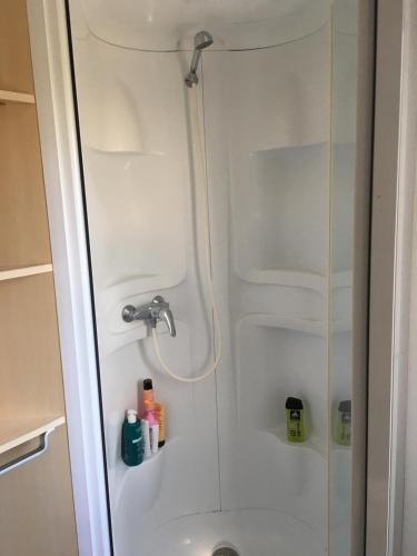 ducha con puerta de cristal y ducha en Mobile home climatisé en Touraine, calme et ombragé, en Trogues