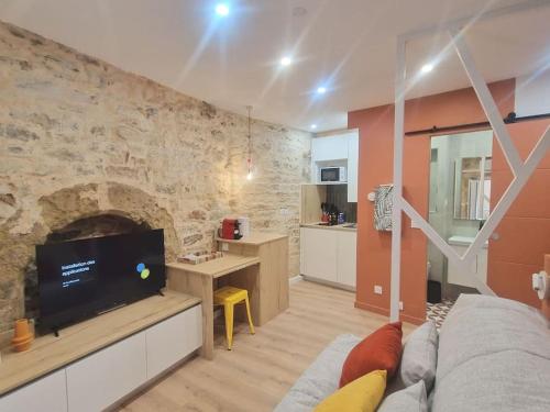 een woonkamer met een bank en een tv en een bakstenen muur bij Studio plein centre-ville 2 in Nîmes