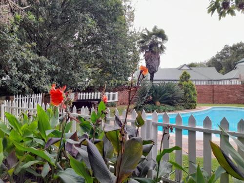 a fence with flowers in front of a pool at Lesedi Guesthouse Middleburg in Middelburg