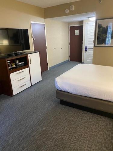 a hotel room with a bed and a flat screen tv at DoubleTree by Hilton Hotel Detroit Novi in Novi