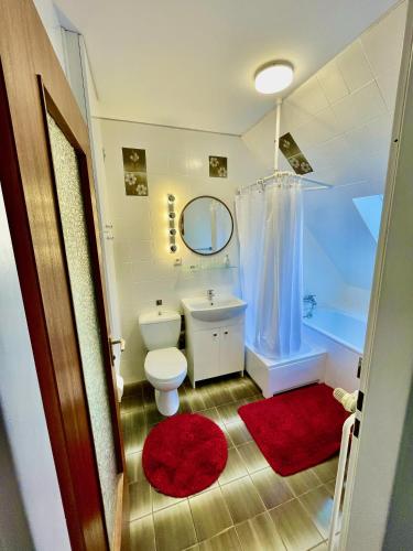 a bathroom with a toilet and a tub and a sink at Chez Lana in Berlin