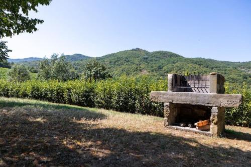 a bench sitting in the middle of a field at Fienile panoramico nel Chianti in Greve in Chianti