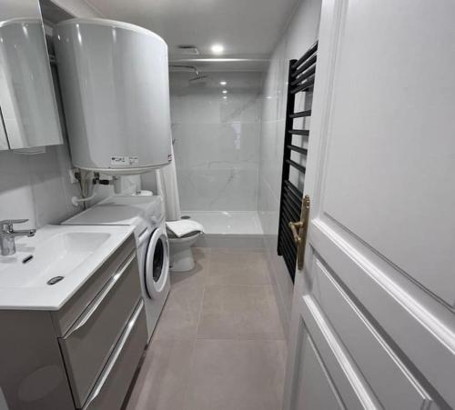 a white bathroom with a washing machine and a sink at Le Bayard YourHostHelper in Grenoble