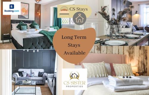 a collage of photos of a living room and a bedroom at Private driveway - close to Warwick Racecourse & Warwick Castle!! in Warwick