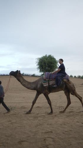a man riding a camel in the desert at Bikaner Desert Camp and Resort in Bikaner