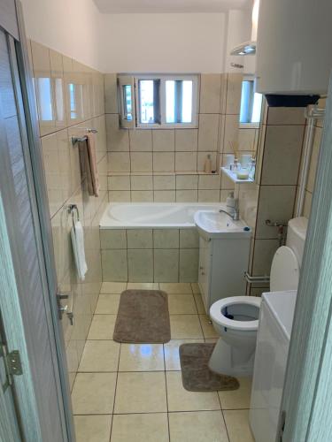 a bathroom with a tub and a toilet and a sink at Victoriei Boulevard Private Apartment in Braşov