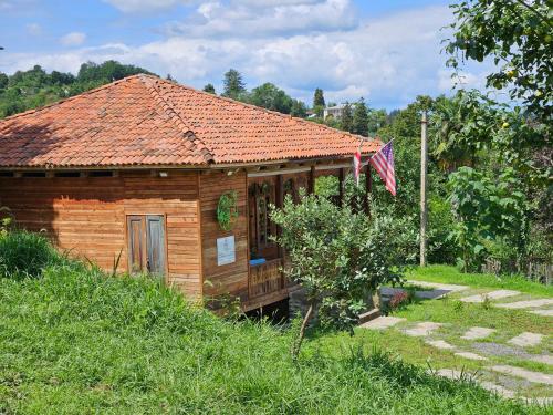 a small wooden house with an american flag on it at Skijis Sakhli in Zenobani