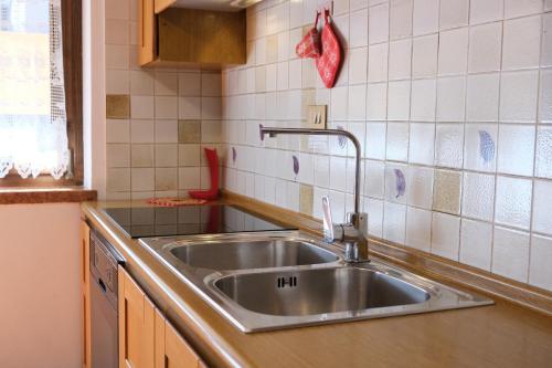 a kitchen sink with a red sponge on the wall at Appartamento Madiai in Canazei