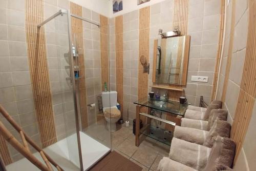 une salle de bain avec une douche en verre et un lavabo dans l'établissement Rosemonde, à Arles