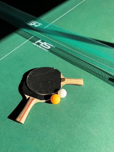 a tennis racket and two balls on a court at Assegaaibosch Country Lodge in Kareedouw