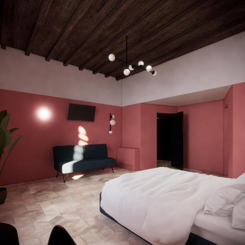ローマにあるUnoUnOttoのベッドルーム(大きな白いベッド1台、ソファ付)