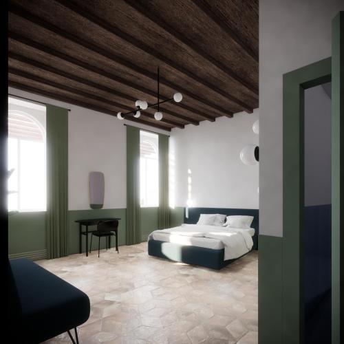 a bedroom with a bed and a wooden ceiling at UnoUnOtto in Rome