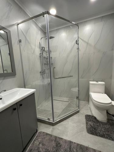 uma casa de banho com um chuveiro, um WC e um lavatório. em Отличная квартира в центре города Шымкент. ЖК Тумар апартамент em Shymkent