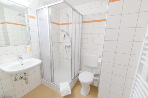 ein Bad mit einer Dusche, einem WC und einem Waschbecken in der Unterkunft JUFA Hotel Hochkar in Göstling an der Ybbs