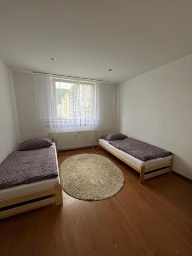 a bedroom with two beds and a rug and a window at Apartmán Majka in Snina