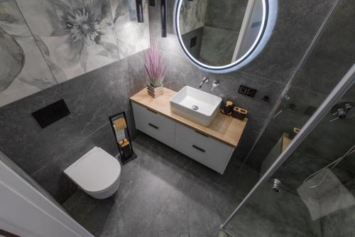 un bagno con un water, un lavandino e uno specchio di Apartament Bursztynowy Dziwnów by Major Domus Club a Dziwnów