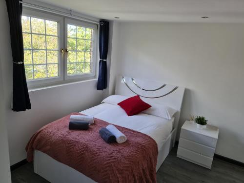 1 dormitorio con 1 cama con 2 almohadas en Luxury Apartment Limehouse en Londres