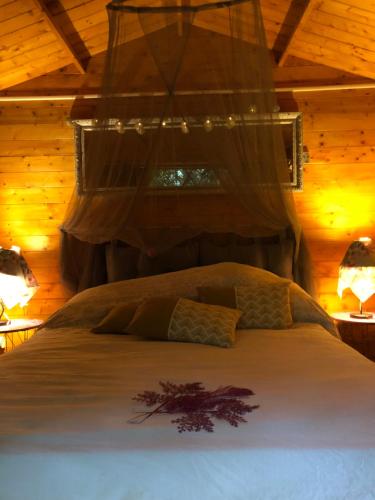 a bedroom with a bed with a chandelier above it at Le Chalet dAZAE in La Rivière