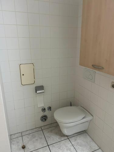 een badkamer met een wit toilet in een stal bij Montel PARK - Traun in Linz