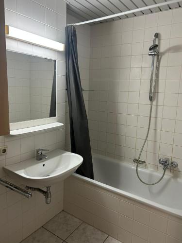 een badkamer met een wastafel, een douche en een bad bij Montel PARK - Traun in Linz