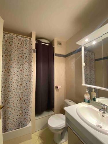 une salle de bain avec toilettes, douche et lavabo dans l'établissement Studio DUNES de NALA avec balcon vue Dunes et latérale Mer pour 4 pers 100m plage wifi ménage compris, à Fort-Mahon-Plage