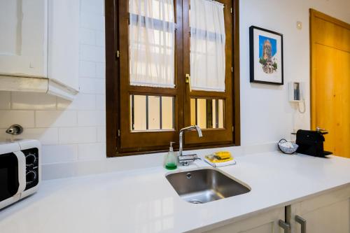 eine Küchentheke mit einem Waschbecken und einem Fenster in der Unterkunft Beautiful and cozy- 1Bd 1Bth- Arenal Center in Sevilla